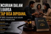 Ilustrasi: Hubungan keluarga bukan alasan penghapus pidana. KUHP Baru menegaskan bahwa pencurian antaranggota keluarga tetap dapat diproses hukum melalui mekanisme delik aduan, dengan batas waktu pengaduan dan pengecualian tertentu. Kepastian hukum tetap berjalan, tanpa mengabaikan ruang penyelesaian secara restoratif.