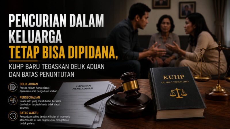 Ilustrasi: Hubungan keluarga bukan alasan penghapus pidana. KUHP Baru menegaskan bahwa pencurian antaranggota keluarga tetap dapat diproses hukum melalui mekanisme delik aduan, dengan batas waktu pengaduan dan pengecualian tertentu. Kepastian hukum tetap berjalan, tanpa mengabaikan ruang penyelesaian secara restoratif.