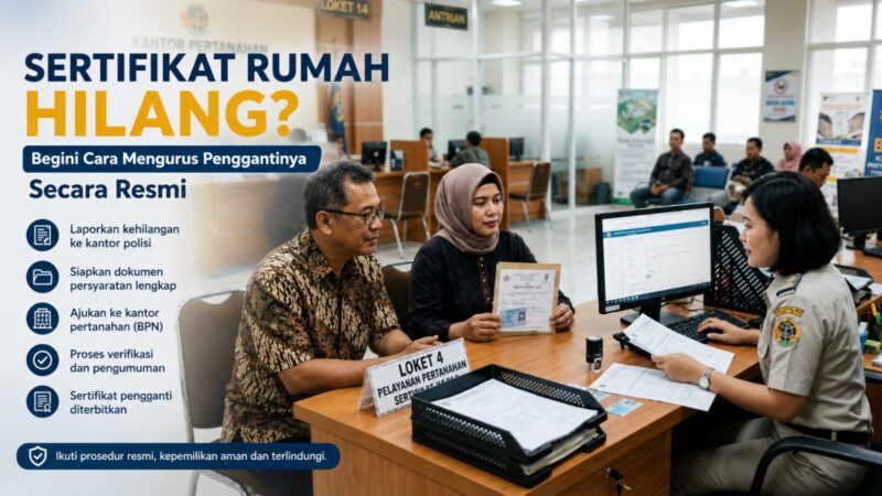 Sertifikat rumah hilang? Jangan panik.
Penggantian bisa diurus secara resmi melalui kantor pertanahan dengan melengkapi laporan kehilangan dan dokumen persyaratan.