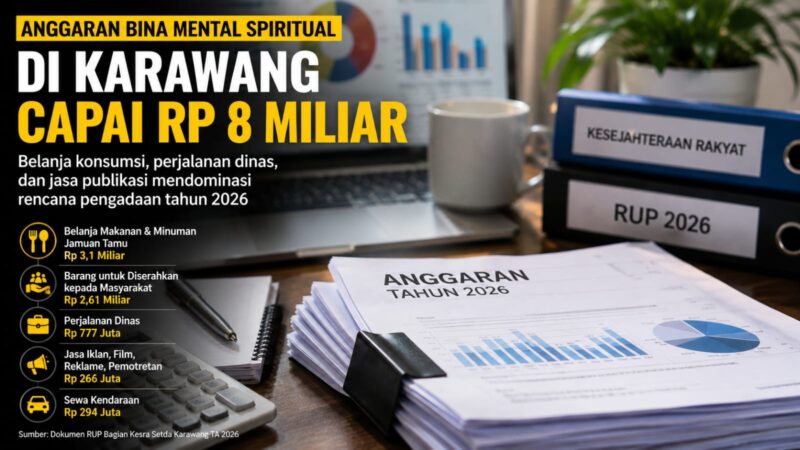 Anggaran program Fasilitasi Pengelolaan Bina Mental Spiritual Bagian Kesra Setda Kabupaten Karawang Tahun Anggaran 2026 mencapai lebih dari Rp8 miliar