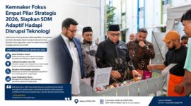 Wakil Menteri Ketenagakerjaan Afriansyah Noor meninjau kegiatan inovasi dan pengembangan talenta muda dalam agenda Examination Authority (EXOT) 2026 di SMP–SMA Al-Wildan Islamic School Jakarta, Minggu (10/5/2026).