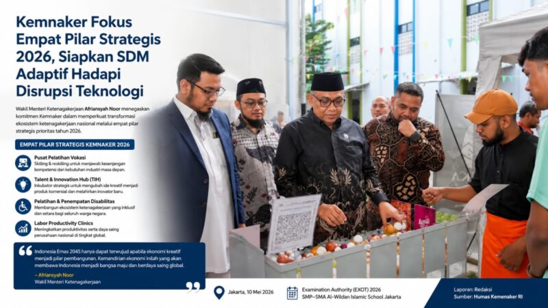 Wakil Menteri Ketenagakerjaan Afriansyah Noor meninjau kegiatan inovasi dan pengembangan talenta muda dalam agenda Examination Authority (EXOT) 2026 di SMP–SMA Al-Wildan Islamic School Jakarta, Minggu (10/5/2026).