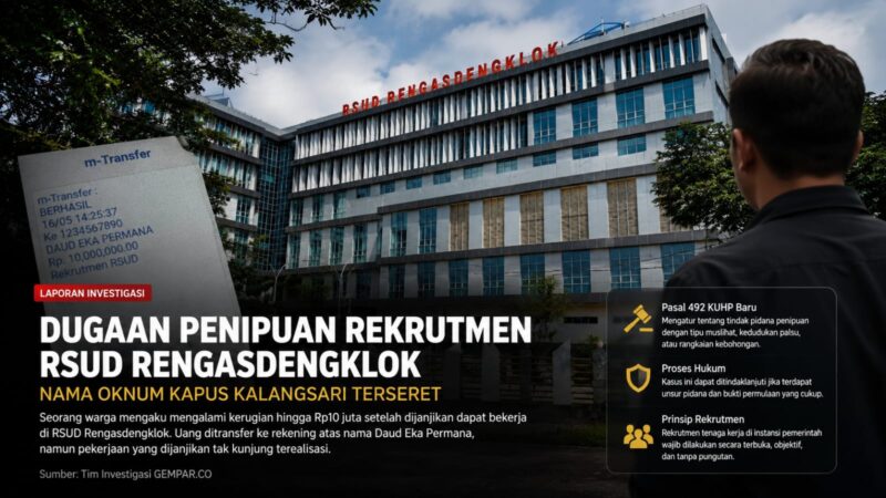 Dugaan penipuan rekrutmen tenaga kerja di RSUD Rengasdengklok mencuat setelah seorang warga mengaku mengalami kerugian Rp10 juta usai dijanjikan dapat bekerja di rumah sakit tersebut. Kasus ini menyeret nama oknum pejabat kesehatan di wilayah Rengasdengklok dan kini menjadi sorotan publik.