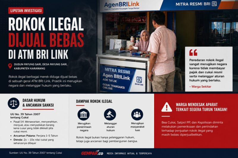 Peredaran rokok ilegal diduga masih bebas diperjualbelikan di salah satu gerai ATM BRI Link di wilayah Kabupaten Karawang. Praktik ini dinilai merugikan negara karena tidak membayar cukai resmi serta melanggar ketentuan hukum yang berlaku. 
