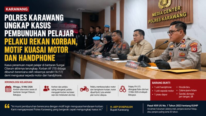 Polres Karawang berhasil mengungkap kasus pembunuhan pelajar SMK di Batujaya. Pelaku yang merupakan rekan korban diduga nekat menghabisi nyawa korban demi menguasai sepeda motor dan handphone milik korban.