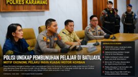 Polres Karawang mengungkap kasus pembunuhan pelajar berusia 15 tahun di Kecamatan Batujaya dalam konferensi pers yang digelar bersama unsur Forkopimda dan Bupati Karawang, Kamis (14/5/2026).