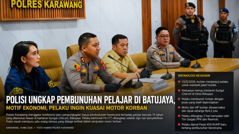 Polres Karawang mengungkap kasus pembunuhan pelajar berusia 15 tahun di Kecamatan Batujaya dalam konferensi pers yang digelar bersama unsur Forkopimda dan Bupati Karawang, Kamis (14/5/2026).