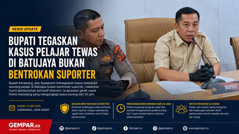 Kasus pelajar tewas di Batujaya dipastikan bukan bentrokan suporter sepak bola. Bupati Karawang, Aep Syaepuloh, menegaskan peristiwa tersebut merupakan murni tindak pembunuhan bermotif ekonomi dan persoalan pribadi.