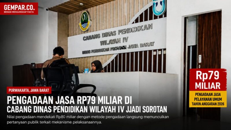 Sorotan publik tertuju pada paket pengadaan jasa pelayanan umum senilai Rp79 miliar di lingkungan Cabang Dinas Pendidikan Wilayah IV Provinsi Jawa Barat. Nilai anggaran yang besar dengan metode pengadaan langsung memunculkan pertanyaan terkait mekanisme dan transparansi pelaksanaannya.