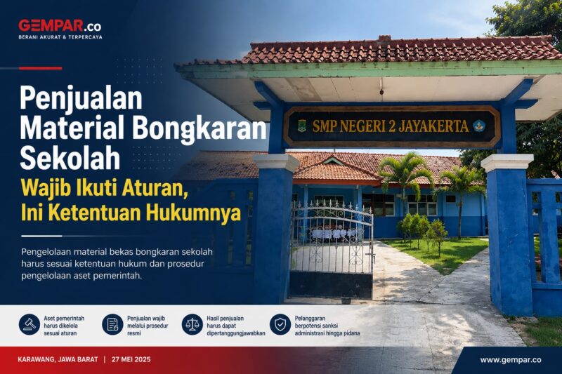 Caption:
Dugaan penjualan material bekas bongkaran revitalisasi SMP Negeri 2 Jayakerta menjadi sorotan publik. Pengelolaan aset hasil pembongkaran bangunan sekolah pemerintah wajib mengikuti prosedur dan ketentuan hukum yang berlaku.