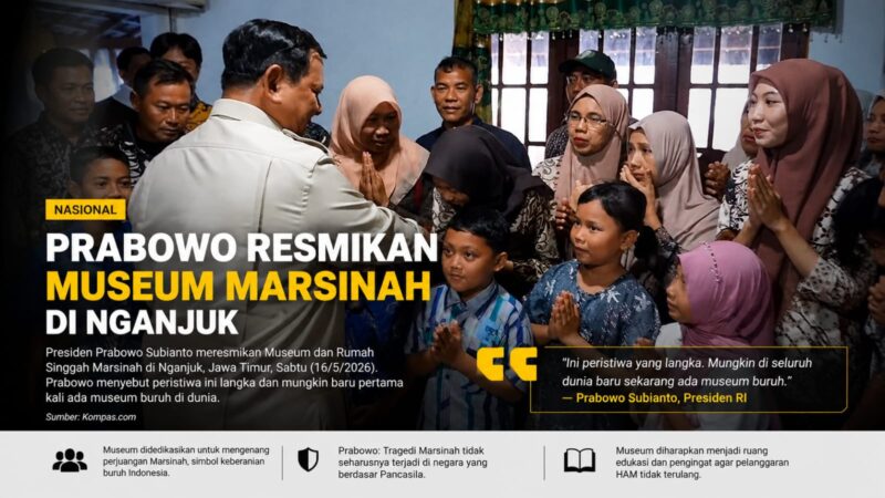 Prabowo Resmikan Museum Marsinah di Nganjuk, Tegaskan Perjuangan Buruh Harus Dihormati dan Dikenang.