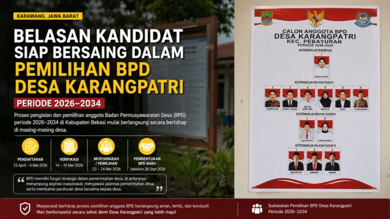 Belasan kandidat mulai bersaing dalam Pemilihan Anggota BPD Desa Karangpatri, Kecamatan Pebayuran, periode 2026–2034.