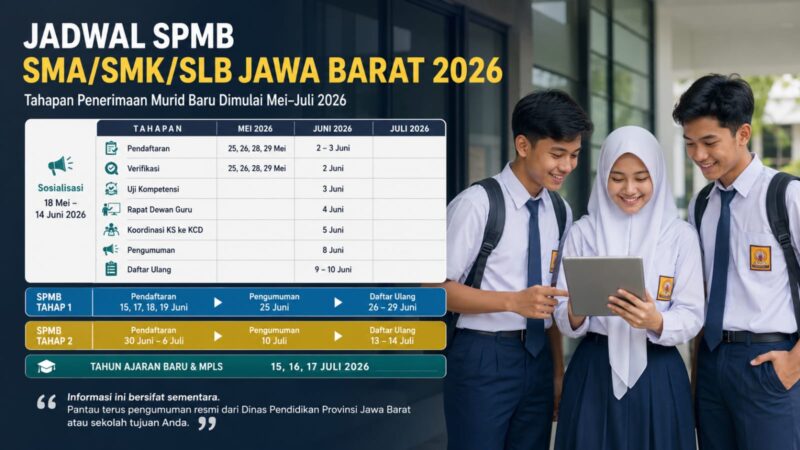 SPMB Jabar 2026 mulai dipersiapkan. Tahapan pendaftaran hingga daftar ulang SMA, SMK, dan SLB dijadwalkan berlangsung mulai Juni hingga Juli 2026. Calon siswa dan orang tua diminta mencermati setiap jadwal dan menunggu informasi resmi dari Disdik Jabar.