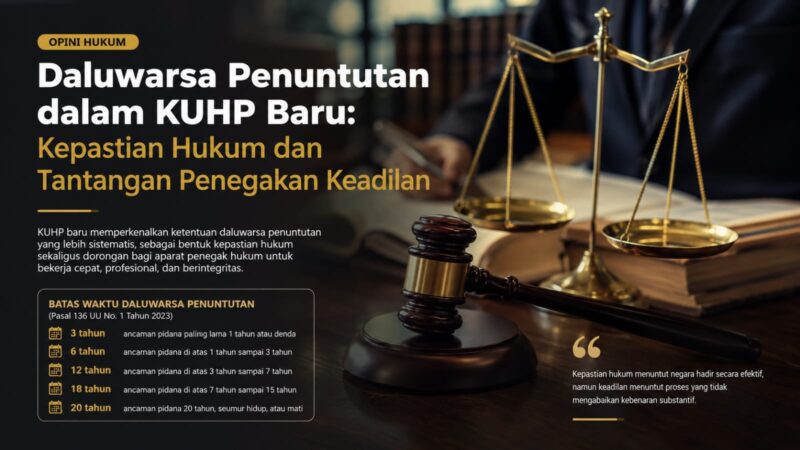 Daluwarsa penuntutan dalam KUHP baru menjadi penanda penting reformasi hukum pidana nasional. Kepastian hukum harus berjalan seimbang dengan profesionalisme penegakan hukum dan rasa keadilan masyarakat.