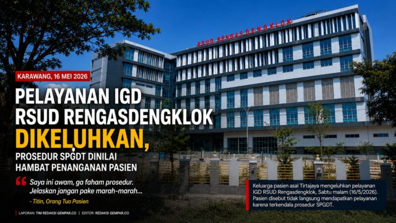 Pelayanan IGD RSUD Rengasdengklok kembali menjadi sorotan publik. Keluarga pasien asal Tirtajaya mengeluhkan pelayanan yang dinilai terkendala prosedur SPGDT saat membawa pasien untuk mendapatkan penanganan medis darurat, Sabtu malam (16/5/2026).