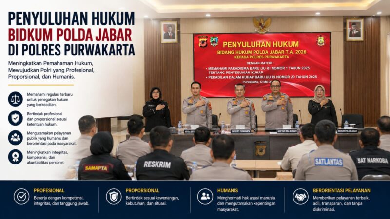 Bidkum Polda Jabar menggelar penyuluhan hukum di Aula Presisi Polres Purwakarta sebagai upaya meningkatkan pemahaman personel terhadap KUHAP baru dan paradigma hukum modern. Kegiatan ini diharapkan memperkuat profesionalisme, integritas, serta pelayanan humanis anggota Polri kepada masyarakat.