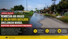 Rembesan air yang diduga berasal dari saluran irigasi di sepanjang Jalan Raya Batujaya, Karawang, dikeluhkan warga karena menggenangi badan jalan dan membahayakan pengendara.