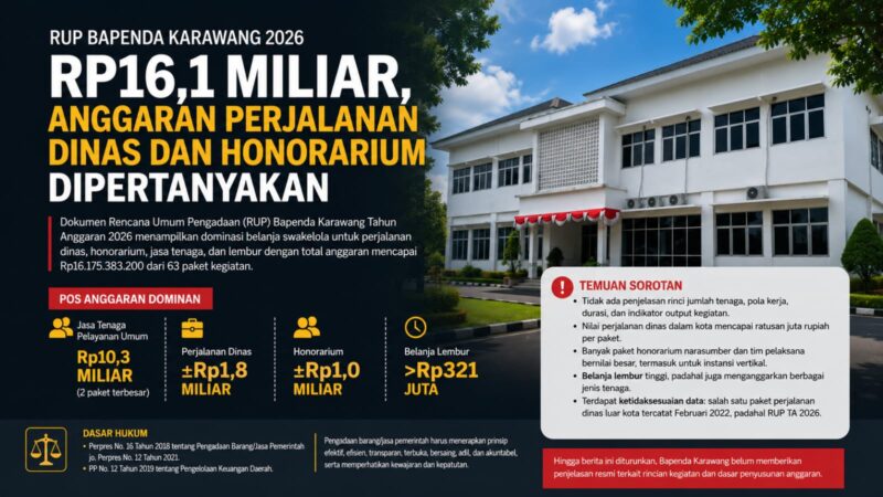 Sorotan publik terhadap Rencana Umum Pengadaan (RUP) Bapenda Karawang Tahun 2026 terus menguat. Paket belanja listrik senilai Rp9,2 miliar dan pengadaan mobil pelayanan pajak Rp1,4 miliar menjadi perhatian karena dinilai perlu penjelasan terbuka kepada masyarakat.