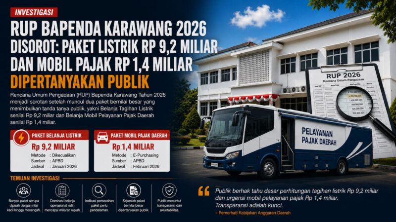 RUP Bapenda Karawang 2026 menjadi sorotan setelah muncul paket Belanja Tagihan Listrik senilai Rp9,2 miliar dan pengadaan Mobil Pelayanan Pajak Daerah Rp1,4 miliar. Selain itu, puluhan paket dengan nomenklatur serupa diduga terfragmentasi dalam pengadaan rutin operasional.