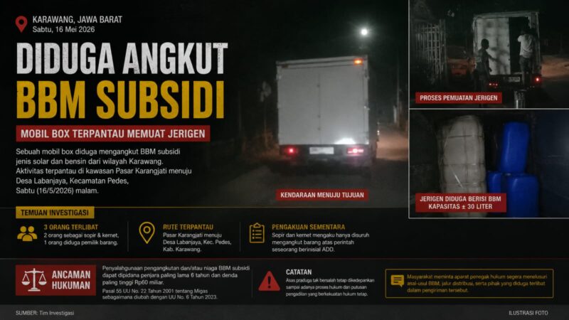 Sebuah mobil box diduga mengangkut BBM subsidi jenis solar dan bensin menggunakan jerigen berkapasitas besar. Aktivitas pemuatan terpantau di kawasan Pasar Karangjati menuju Desa Labanjaya, Kecamatan Pedes, Sabtu malam (16/5/2026).