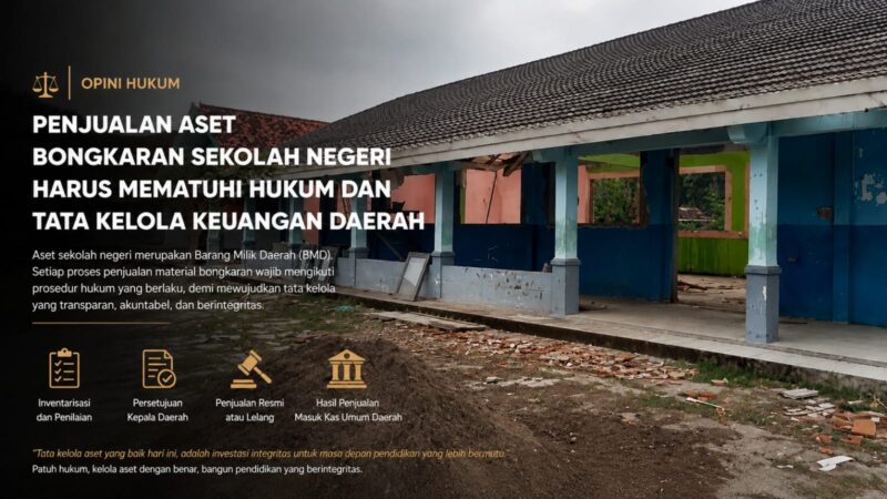Bangunan sekolah boleh direvitalisasi, tetapi tata kelola aset negara tidak boleh diabaikan. Material bongkaran sekolah negeri tetap merupakan Barang Milik Daerah (BMD) yang pengelolaannya wajib mengikuti prosedur hukum, transparan, dan akuntabel.