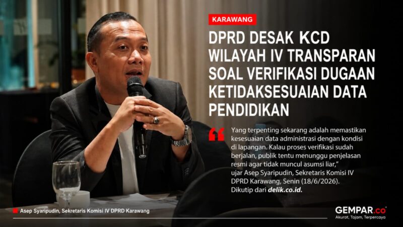 Komisi IV DPRD Karawang mendesak KCD Wilayah IV Jawa Barat segera membuka hasil verifikasi dugaan ketidaksesuaian data pendidikan di salah satu SMK swasta di Karawang. Keterbukaan informasi dinilai penting agar polemik yang berkembang tidak menimbulkan spekulasi di tengah masyarakat.
