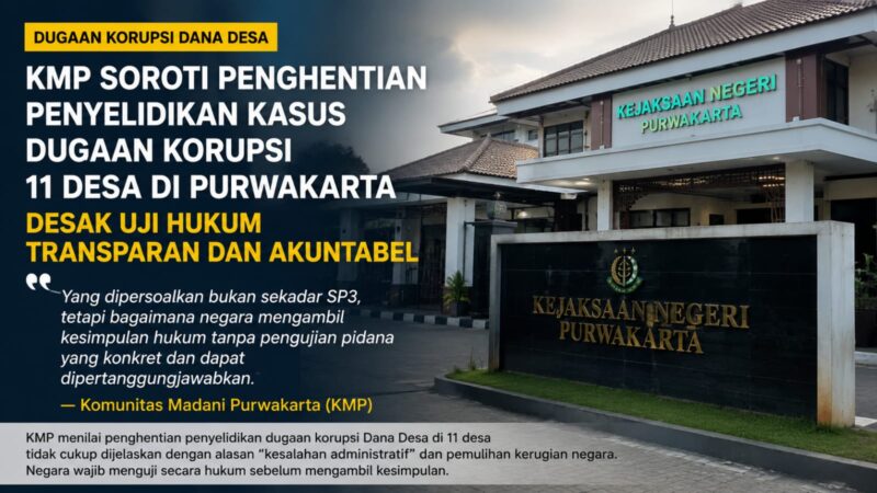 KMP soroti penghentian penyelidikan dugaan korupsi Dana Desa di 11 desa Kabupaten Purwakarta. Pengembalian kerugian negara dinilai tidak otomatis menghapus kewajiban pengujian pidana secara transparan dan akuntabel. Ilustrasi foto GEMPAR.co 