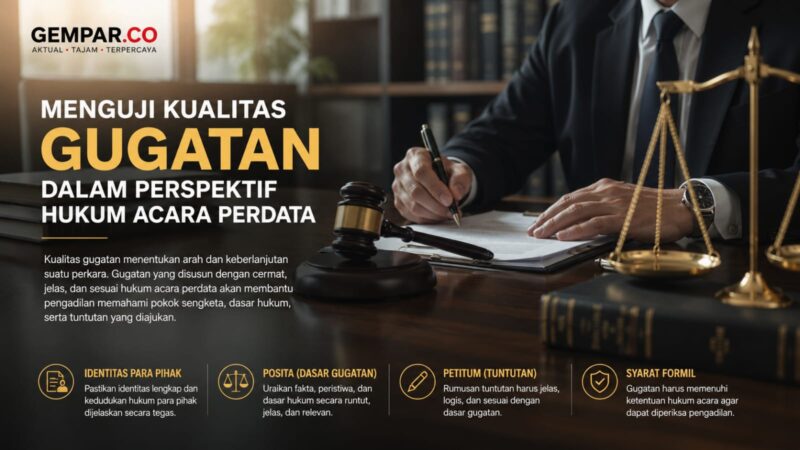 Kualitas sebuah gugatan tidak hanya diukur dari kerasnya tuduhan, tetapi dari ketepatan menyusun dasar hukum, kejelasan tuntutan, serta kecermatan memenuhi hukum acara perdata. Dalam praktik peradilan, kesalahan formil dapat membuat perkara gugur bahkan sebelum pokok sengketa diperiksa.