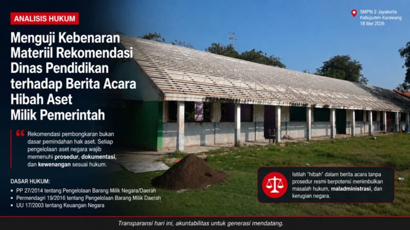 Pengelolaan aset negara tidak dapat disederhanakan hanya melalui berita acara internal. Material hasil pembongkaran bangunan sekolah tetap melekat sebagai Barang Milik Daerah (BMD) yang wajib dikelola sesuai prosedur, kewenangan, dan ketentuan hukum yang berlaku.