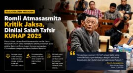 Romli Atmasasmita soroti tuntutan jaksa dalam sidang dugaan korupsi Chromebook dengan terdakwa Nadiem Makarim. Pakar hukum pidana itu menilai JPU keliru menafsirkan ketentuan KUHAP 2025 terkait ahli dan konflik kepentingan di persidangan.