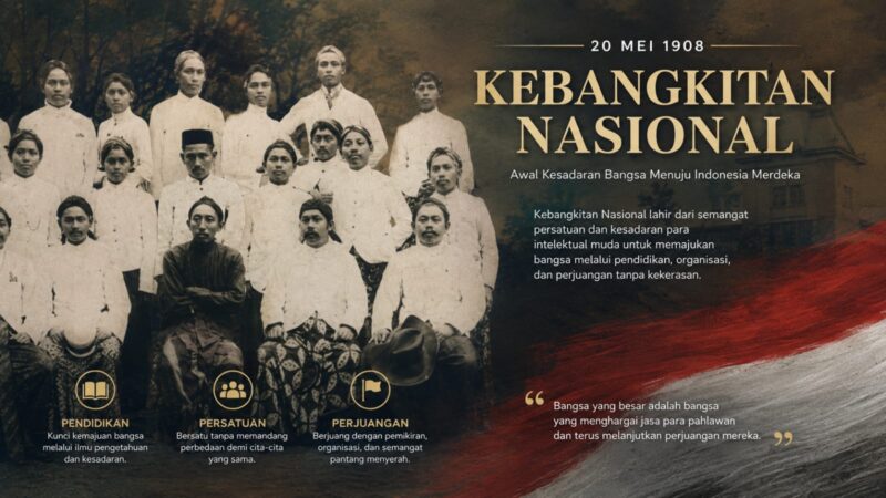 Ilustrasi: 20 Mei 1908 menjadi titik awal lahirnya kesadaran bangsa Indonesia untuk bersatu, bergerak, dan bangkit melawan penjajahan. Kebangkitan Nasional bukan sekadar sejarah, tetapi semangat perjuangan yang terus hidup dalam pendidikan, persatuan, dan cita-cita menuju Indonesia yang maju.