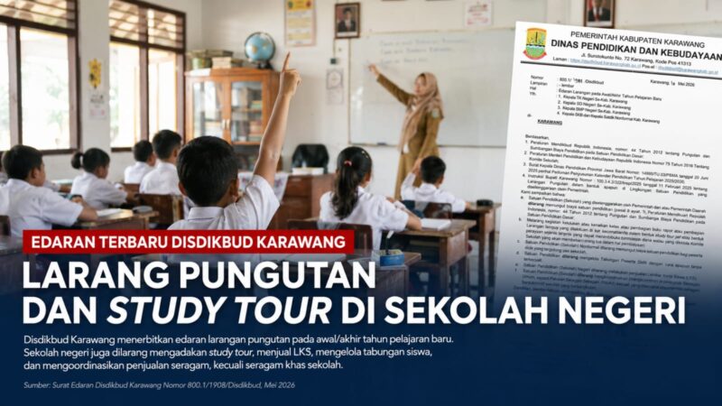 Disdikbud Karawang resmi melarang pungutan, study tour, penjualan LKS, hingga pengelolaan tabungan siswa di sekolah negeri. Kebijakan ini ditegaskan melalui surat edaran terbaru guna mencegah beban biaya tambahan bagi orang tua peserta didik menjelang tahun ajaran baru.