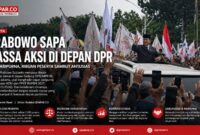 Presiden Prabowo Subianto menyapa ribuan massa aksi damai di depan Gedung DPR/MPR RI usai rapat paripurna KEM dan PPKF RAPBN 2027, Rabu (20/5/2026).