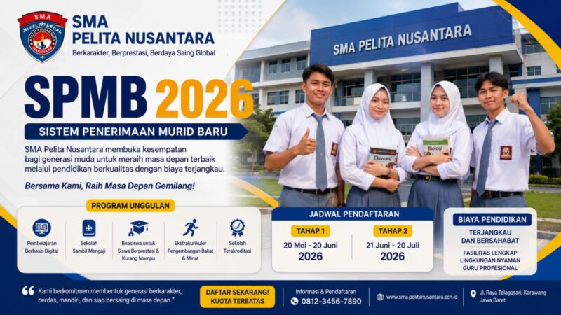 SPMB 2026 SMA Pelita Nusantara Resmi Dibuka!
Wujudkan masa depan gemilang bersama sekolah yang mengedepankan pendidikan berkualitas, karakter, dan keterampilan kerja.