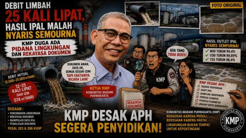 Debit limbah diduga mencapai 25 kali di atas izin, namun hasil outlet IPAL justru nyaris sempurna. KMP mendesak aparat penegak hukum segera mengusut dugaan pelanggaran lingkungan, manipulasi data operasional, hingga rekayasa dokumen di PT San Fu Indonesia. 