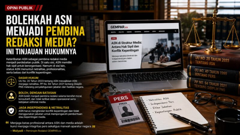 Opini publik ini mengulas batas keterlibatan ASN sebagai pembina redaksi media dalam perspektif hukum administrasi negara, sekaligus menegaskan pentingnya menjaga independensi pers dan marwah birokrasi dalam sistem demokrasi.