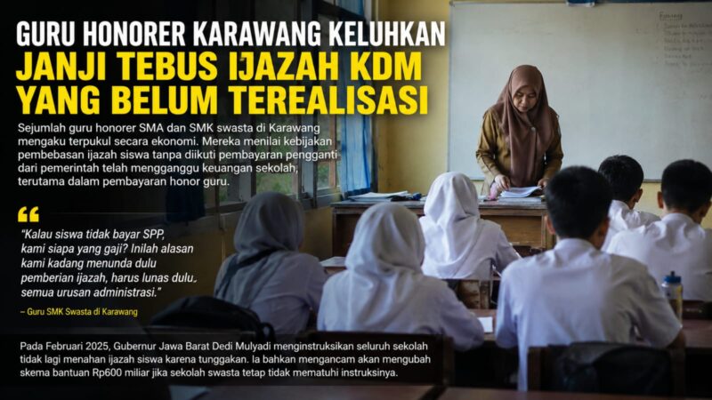 Janji pembayaran “tebusan ijazah” dari Pemerintah Provinsi Jawa Barat mulai dipertanyakan kalangan sekolah swasta. Sejumlah guru honorer SMA dan SMK swasta di Karawang mengaku terdampak secara ekonomi setelah sekolah menyerahkan ijazah siswa, sementara dana pengganti tunggakan administrasi belum terealisasi. 