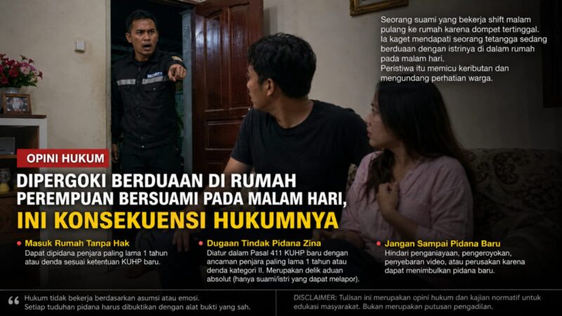 Dipergoki berduaan di rumah perempuan bersuami pada malam hari, apakah otomatis bisa dipidana?
Secara sosial mungkin memicu dugaan perselingkuhan. Namun dalam hukum pidana, semua harus dibuktikan dengan alat bukti yang sah.