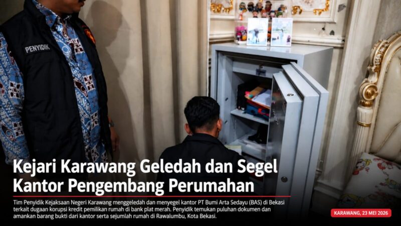 Kejari Karawang menggeledah dan menyegel kantor pengembang perumahan PT BAS di Bekasi terkait penyidikan dugaan korupsi kredit pemilikan rumah (KPR). Penyidik menyita puluhan dokumen penting dan memperluas pemeriksaan saksi dalam pengembangan perkara.