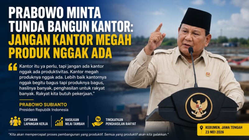 Presiden RI Prabowo Subianto menegaskan pembangunan nasional harus berorientasi pada produktivitas dan kesejahteraan rakyat.
Pemerintah diminta memprioritaskan proyek yang mampu menciptakan lapangan kerja, menghasilkan nilai tambah, dan meningkatkan penghasilan masyarakat.