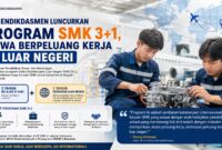 Program SMK 3+1 resmi diluncurkan Kemendikdasmen sebagai langkah membuka peluang kerja internasional bagi lulusan SMK.
Melalui program ini, siswa menjalani 3 tahun pendidikan di sekolah dan 1 tahun pembekalan khusus meliputi bahasa asing, budaya kerja, hingga perlindungan tenaga kerja migran sebelum bekerja di luar negeri.