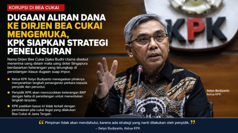 Dugaan aliran dana kepada sejumlah pejabat Bea Cukai kembali mencuat dalam persidangan kasus suap impor. Ketua KPK Setyo Budiyanto menegaskan penyidik tengah menyiapkan strategi penelusuran terhadap fakta-fakta yang terungkap di persidangan, termasuk dugaan aliran uang kepada pejabat tinggi di lingkungan Direktorat Jenderal Bea dan Cukai.
