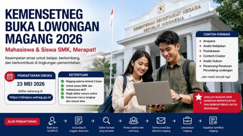 Kemensetneg RI resmi membuka program magang 2026 bagi mahasiswa dan siswa SMK aktif. Kesempatan ini menjadi peluang emas untuk menambah pengalaman kerja, memperluas wawasan birokrasi pemerintahan, sekaligus mengasah kompetensi profesional sejak dini.