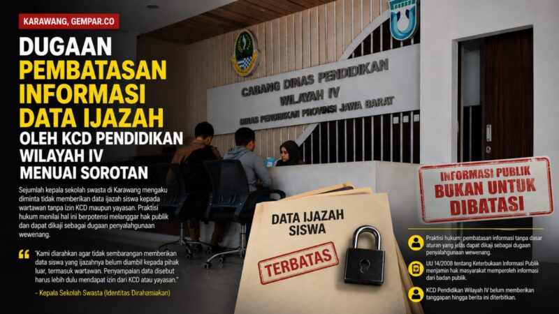 Dugaan pembatasan akses informasi terkait data ijazah siswa oleh KCD Pendidikan Wilayah IV Jawa Barat menuai sorotan. Sejumlah kepala sekolah swasta di Karawang mengaku diminta tidak memberikan data kepada wartawan tanpa izin tertentu. 