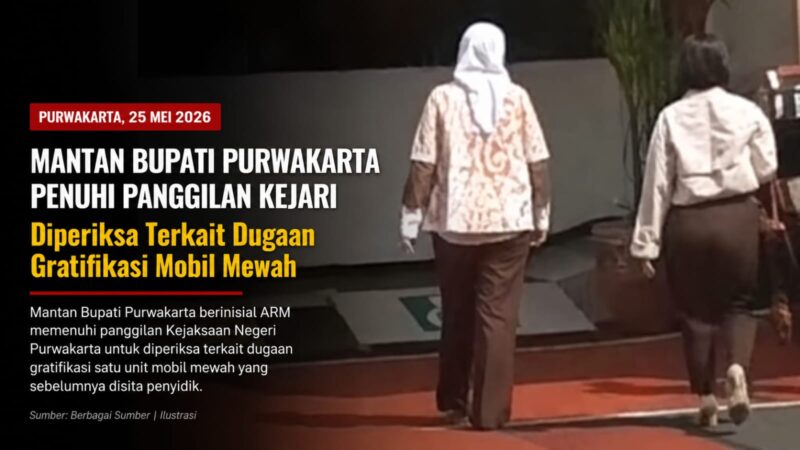Mantan Bupati Purwakarta berinisial ARM menjalani pemeriksaan di Kejaksaan Negeri Purwakarta terkait dugaan gratifikasi mobil mewah. Pemeriksaan dilakukan setelah penyidik mendalami laporan masyarakat dan penyitaan kendaraan yang diduga berkaitan dengan perkara tersebut.