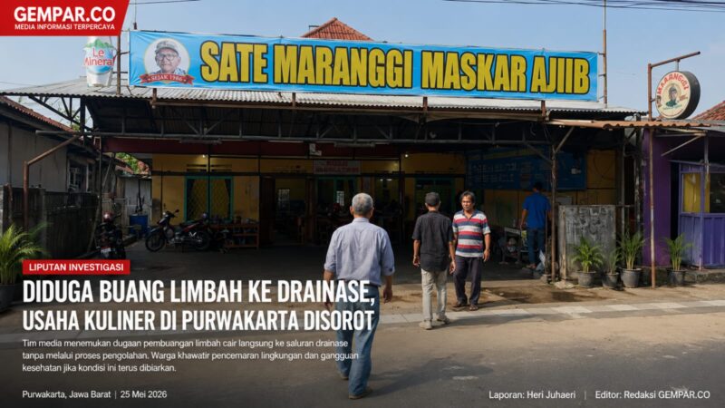 Tim investigasi menemukan dugaan pembuangan limbah cair langsung ke saluran drainase tanpa proses pengolahan di salah satu usaha kuliner di Purwakarta. Warga mengaku khawatir terhadap dampak pencemaran lingkungan dan gangguan sanitasi di sekitar lokasi.