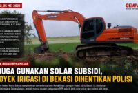 Proyek rehabilitasi jaringan irigasi senilai Rp43 miliar di Kabupaten Bekasi dihentikan sementara oleh polisi usai muncul dugaan penggunaan BBM subsidi jenis solar untuk operasional alat berat.