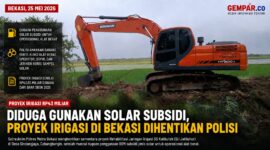 Proyek rehabilitasi jaringan irigasi senilai Rp43 miliar di Kabupaten Bekasi dihentikan sementara oleh polisi usai muncul dugaan penggunaan BBM subsidi jenis solar untuk operasional alat berat.