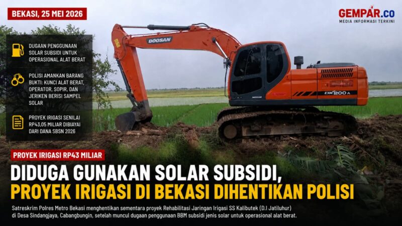 Proyek rehabilitasi jaringan irigasi senilai Rp43 miliar di Kabupaten Bekasi dihentikan sementara oleh polisi usai muncul dugaan penggunaan BBM subsidi jenis solar untuk operasional alat berat.
