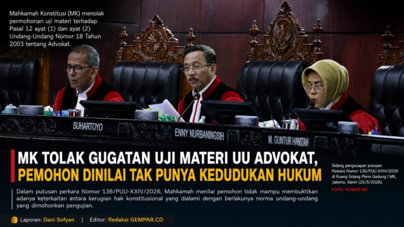 MK menolak permohonan uji materi UU Advokat dalam perkara Nomor 136/PUU-XXIV/2026. Mahkamah menilai pemohon tidak memiliki kedudukan hukum karena gagal membuktikan keterkaitan kerugian konstitusional dengan norma yang diuji.